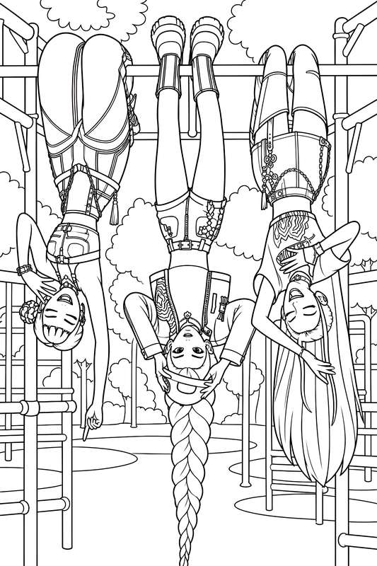 Line art of three girls named Zoey, Rumi, and Mira hanging upside down from monkey bars in a park setting.