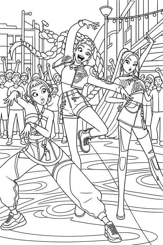 Line art of three girls named Zoey, Rumi, and Mira dancing in energetic poses before a large crowd.
