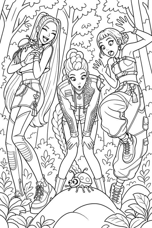 Line art of three girls in stylish outfits in a forest, looking at two ladybugs on a rock.