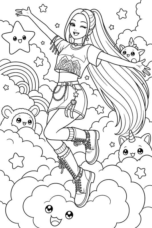 Line art of a young woman with a high ponytail jumping in a starry sky surrounded by fluffy clouds and small mythical creatures.