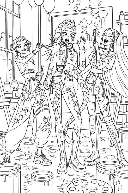 Line art of three young women in K-pop style outfits covered in paint splatters in an art studio.