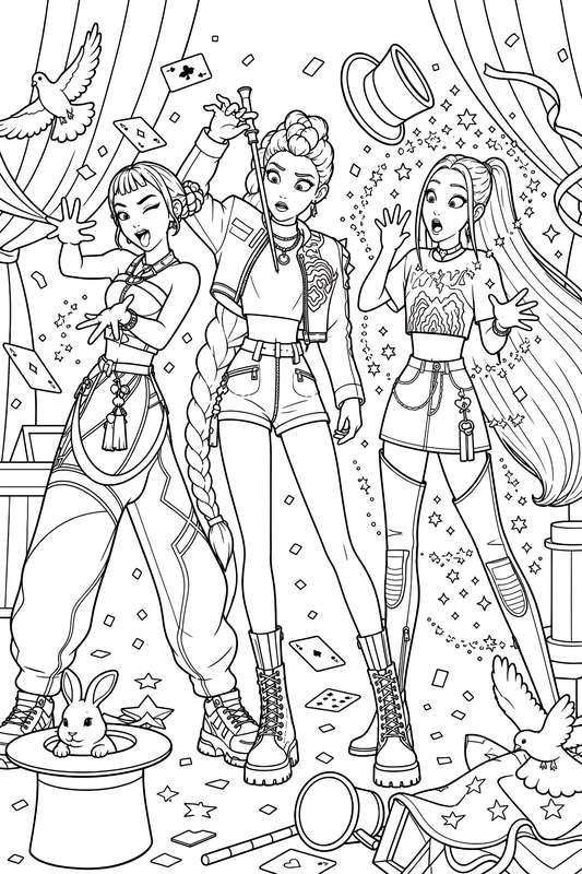 Line art of three K-pop style girls performing on stage with magic props including top hats, doves, and floating cards.