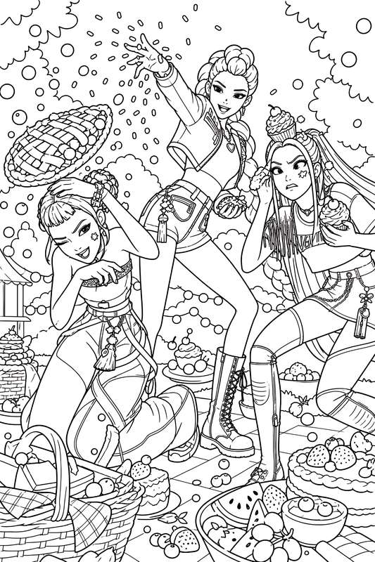 Line art of three girls in stylish outfits having a food fight with cakes, berries, and sweets in an outdoor setting.