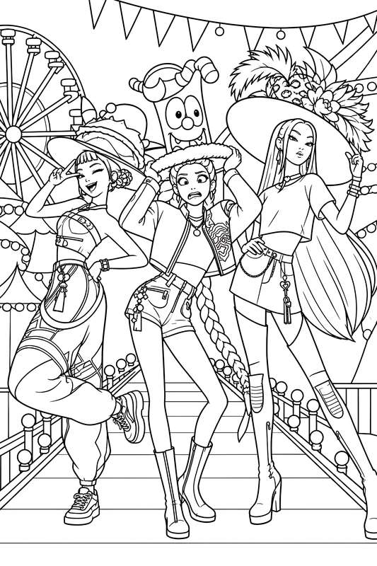 Line art of three K-pop demon hunter characters wearing decorated hats, standing in front of a fairground ferry wheel.