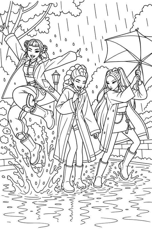 Line art of three young women in raincoats and boots jumping in puddles, one holds an umbrella, depicted in the rain.