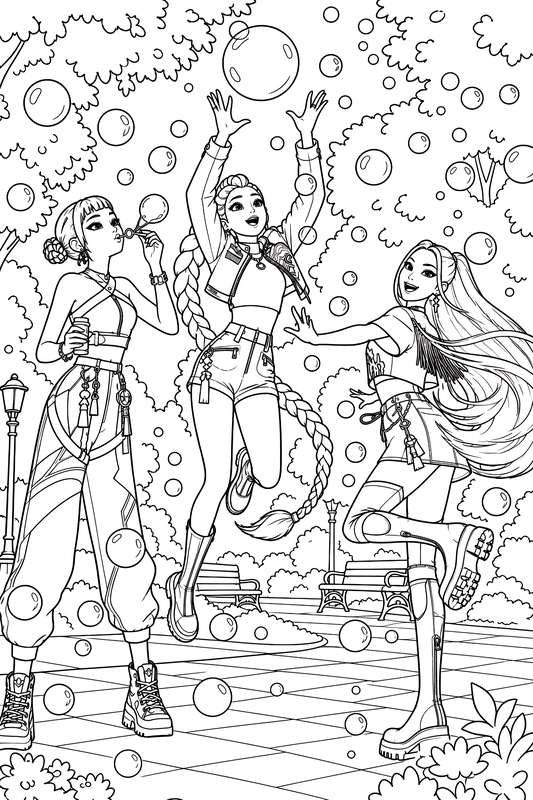 Line art of three young women in K-pop style outfits playing with bubbles in a park with trees and park benches.