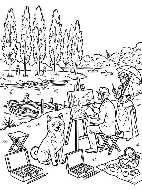 Line art of a man painting on an easel by a river, a woman holding a parasol, a Shiba Inu dog, and river boats.