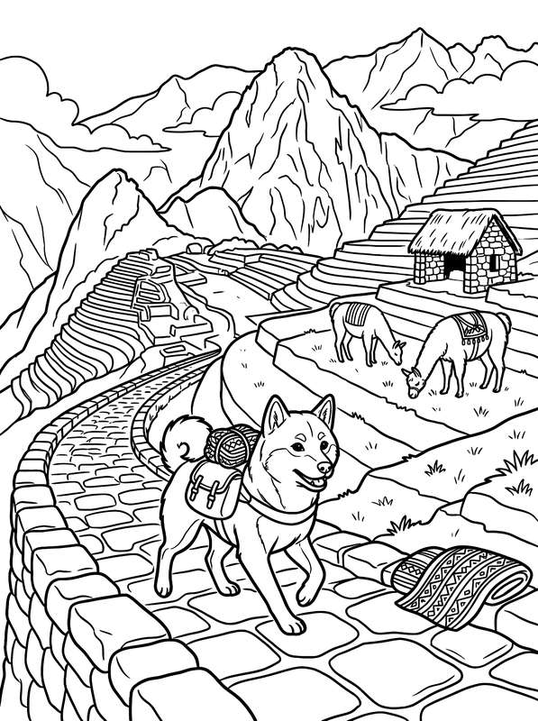 Line art of a dog wearing a backpack on a cobblestone mountain path, with llamas, terraces, and mountainous scenery behind.