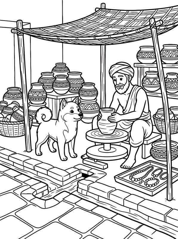 Line art of a man in a turban throwing a clay pot on a wheel, with a Shiba Inu dog and many decorative pots around him.