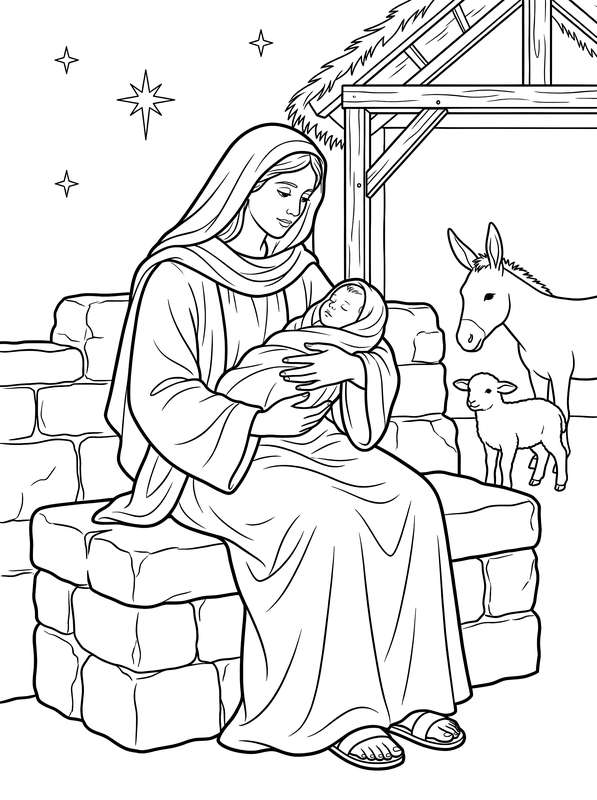 A Mother's Calm in the Starlit Stable