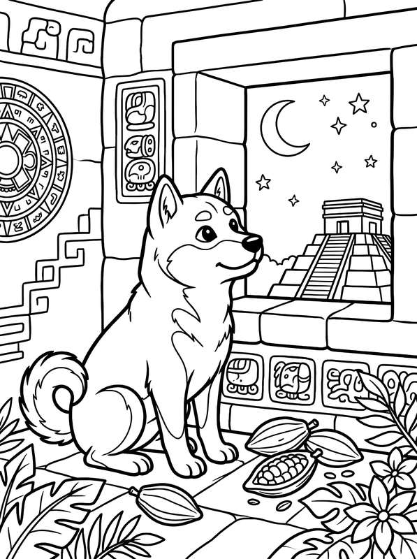 Line art of a cartoon dog sitting on the floor of a stone room with carvings, viewing a pyramid and night sky through a window.