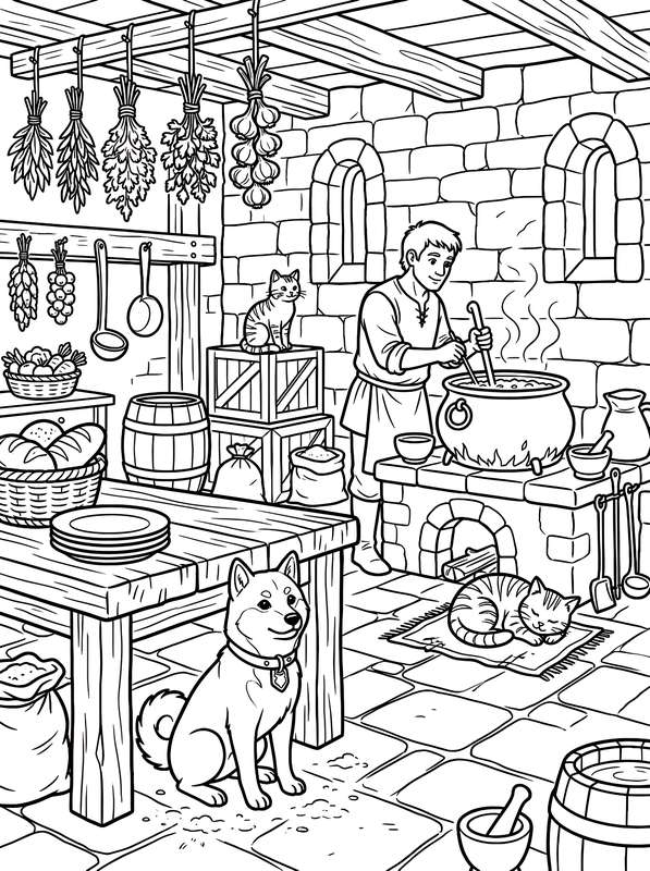 Line art of a Shiba Inu sitting in a medieval stone kitchen while a man stirs a pot over a fire near two cats.