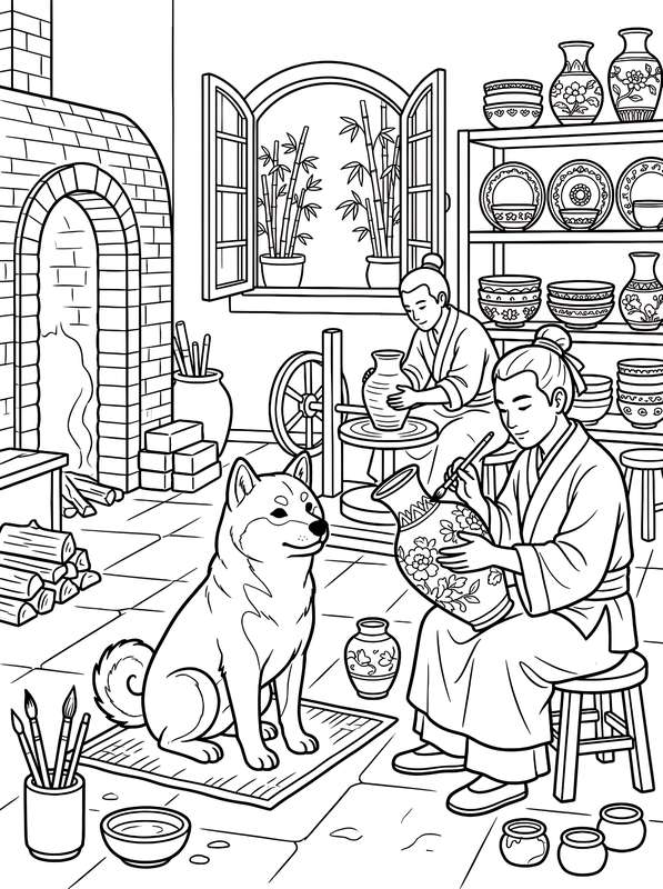 Line art of a traditional pottery studio with an artisan painting a vase, a second artisan working at a wheel, and a dog.