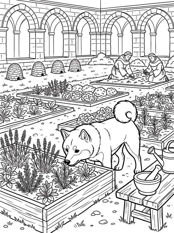 Line art of a Shiba Inu sniffing herbs in a garden with arched stone walkways, beehives, and two monks gardening nearby.