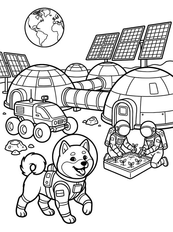 Line art of a Shiba Inu in a space suit standing before a moon colony with astronauts, a rover, and Earth in the sky.