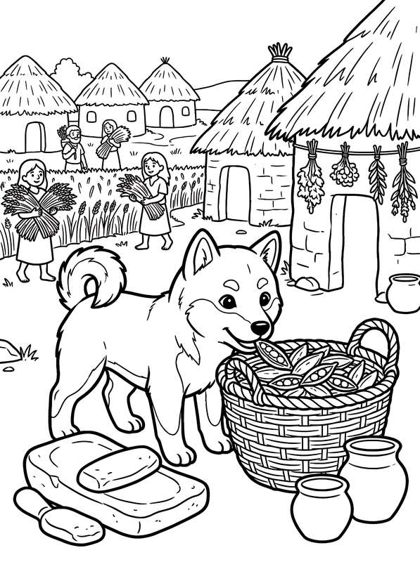 Line art of a puppy near a basket of vegetables, with a Neolithic village and people harvesting crops in the background.