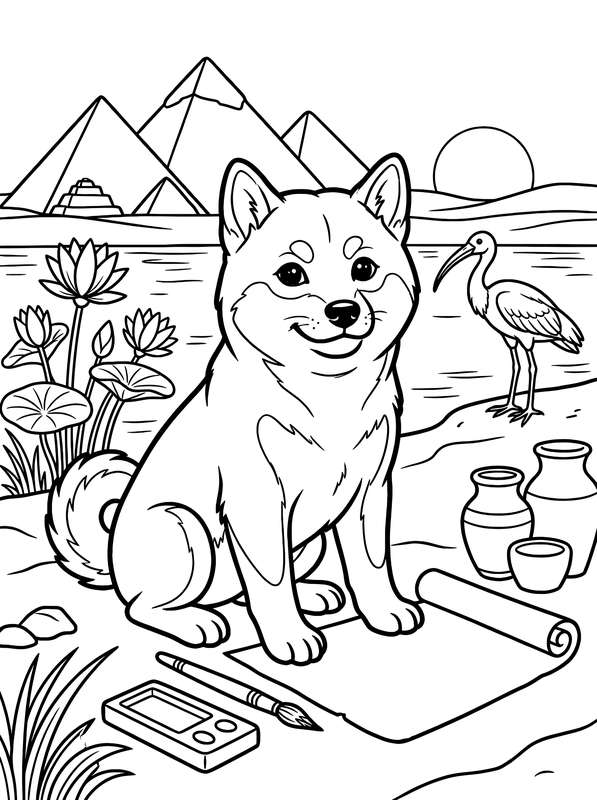 Line art of a smiling Shiba Inu sitting on a riverbank next to a scroll and pottery, with pyramids and a crane in the back.