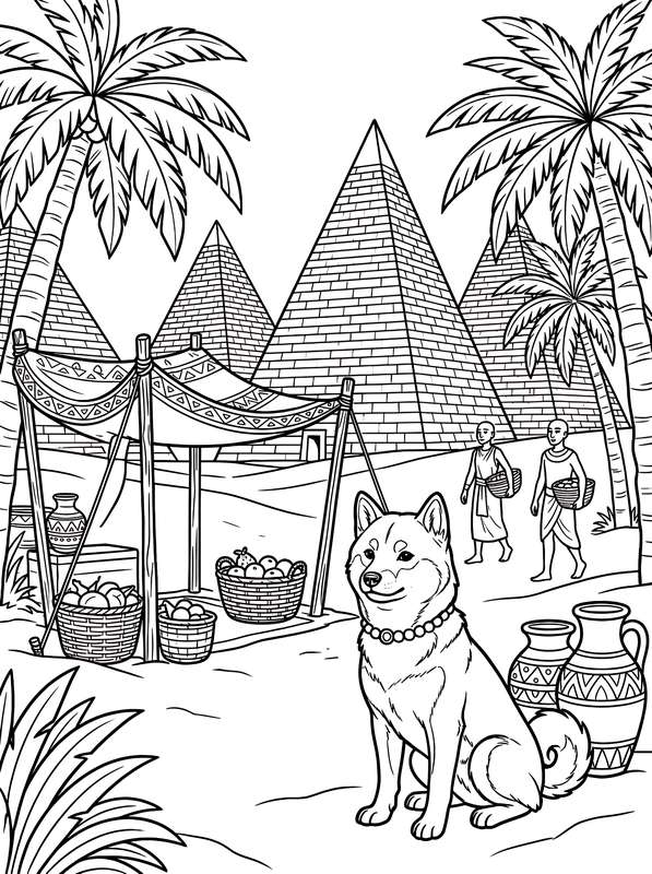 Line art of a Shiba Inu sitting in the foreground of an Egyptian market scene with pyramids, palm trees, and two people.