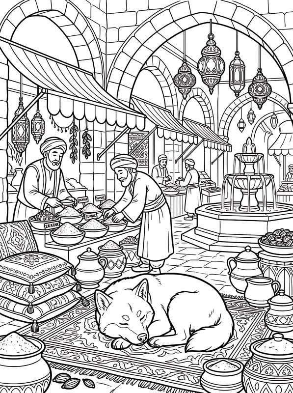 Black and white line art of a Shiba Inu curled up on an ornate rug in a market, surrounded by spice stalls, merchants, and a fountain.