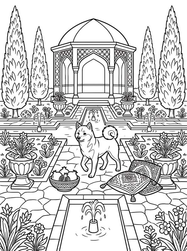 Line art of a Shiba Inu standing in a garden with a fountain, fruit bowl, decorative pillows, and a domed gazebo.