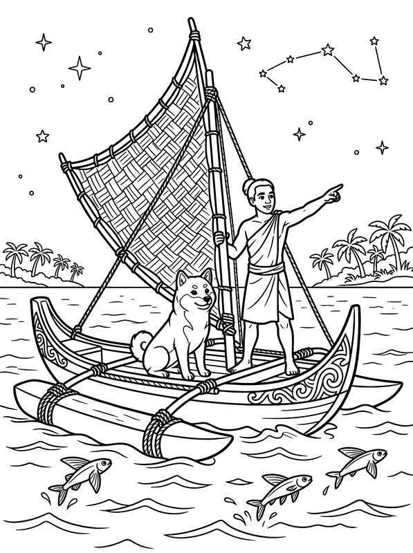 Line art of a traditional Polynesian double-hulled canoe with a person pointing at stars, a Shiba Inu dog, and leaping fish.