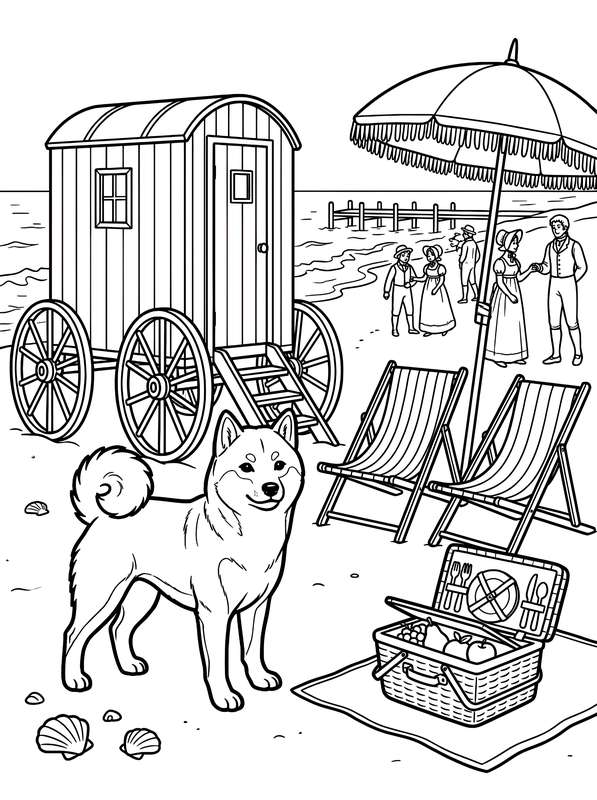 Line art of a Shiba Inu standing on a beach near a wheeled wooden bathing hut, a beach umbrella, two chairs, and a picnic.