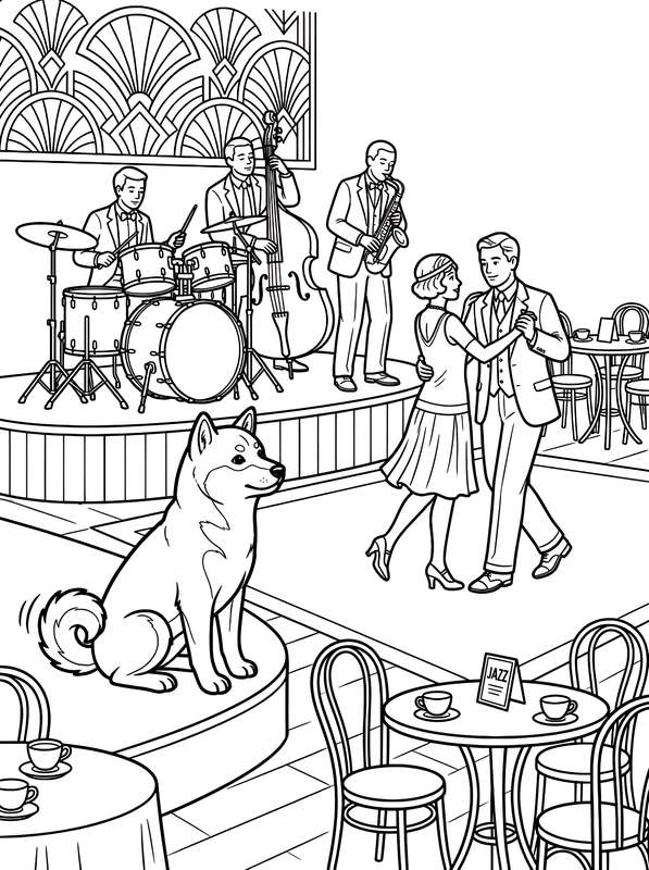 Line art of a Shiba Inu sitting in the foreground of a 1920s jazz club, with a band and a dancing couple in the background.