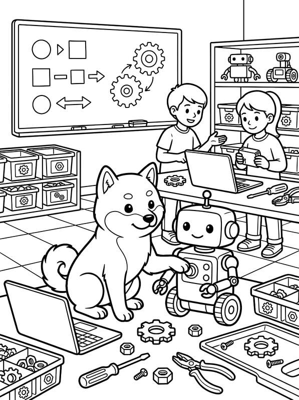 Line art of a Shiba Inu sitting on the floor next to a small robot, with two children working on a laptop at a table behind it.