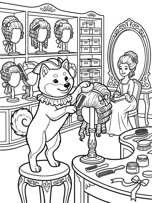 Line art of a Shiba Inu wearing a small hat and collar styling a rococo wig on a stand, with a customer waiting nearby.