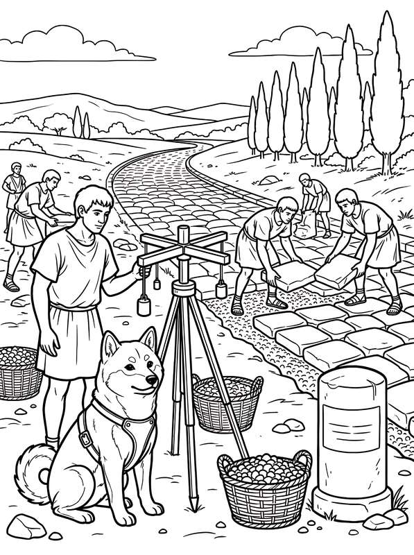 Line art of a Shiba Inu sitting by a Roman surveyor with a wooden tool, while men in togas work on a stone road nearby.