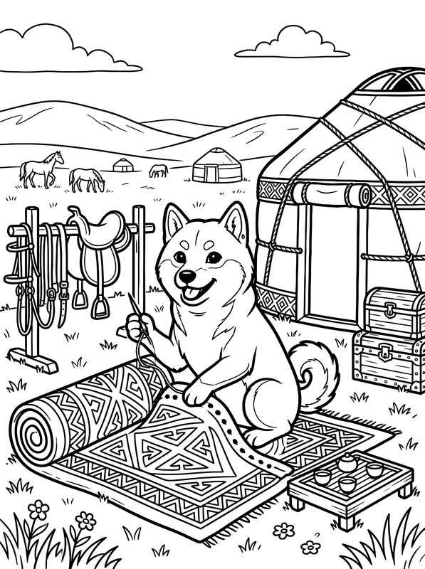 Line art of a Shiba Inu sewing a patterned rug near a yurt, with horse saddles on a rack, chests, and a tea tray.