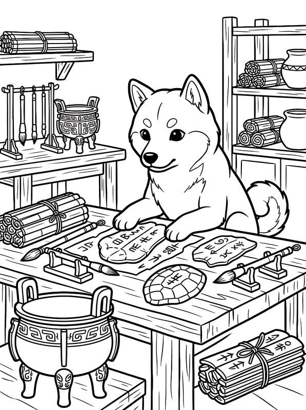 Line art of a Shiba Inu sitting at a desk studying ancient oracle glyphs on bones, surrounded by scrolls and pottery.