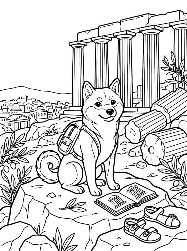 Line art of a Shiba Inu with a backpack sitting near Acropolis ruins, with an open sketchbook and sandals on the ground.
