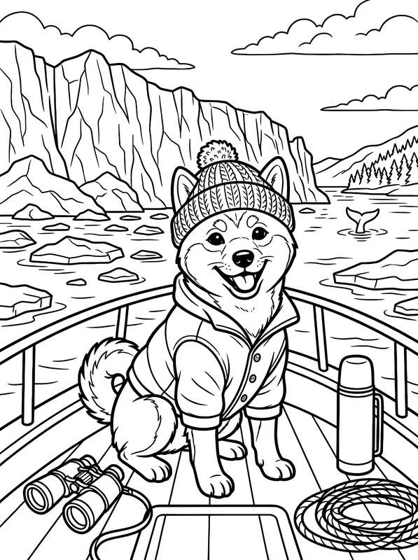 Line art of a Shiba Inu in a hat and coat on a boat with binoculars, a thermos, and a rope, featuring a glacier background.