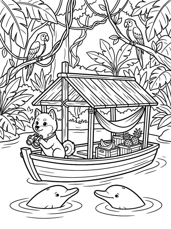 Line art of a Shiba Inu in a small boat with a hammock and fruit, surrounded by two dolphins and two parrots in a jungle.