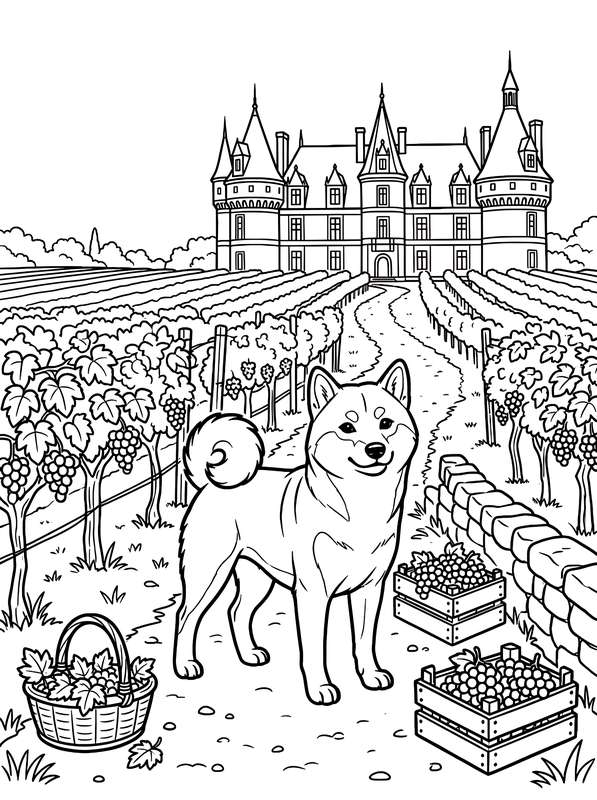 Line art of a standing Shiba Inu dog in a vineyard, with crates of grapes, a basket, and a large castle behind it.
