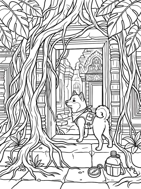 Line art of a Shiba Inu wearing a bandana and backpack standing by a temple doorway tangled in large tree roots.