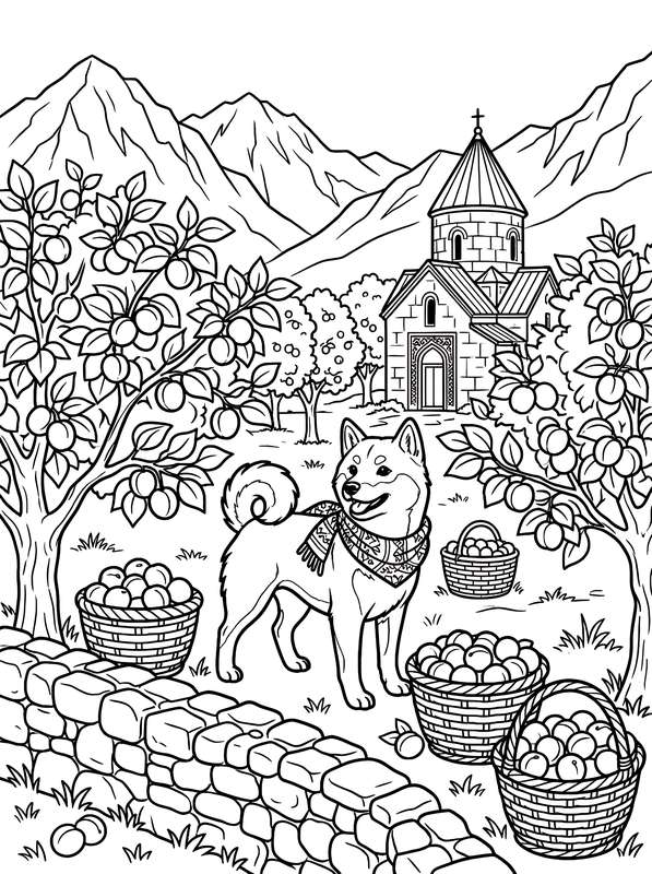 Line art of a Shiba Inu in a scarf standing in an apricot grove with baskets of fruit, a stone church, and mountains.