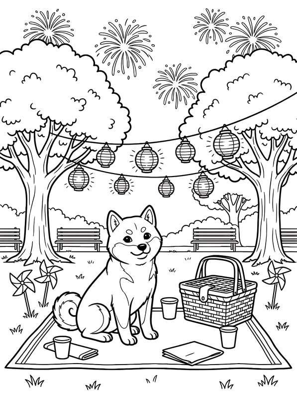 Line art of a Shiba Inu dog on a picnic blanket with a basket, paper lanterns hanging from trees, and fireworks overhead.