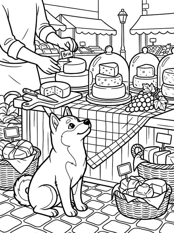 Line art of a Shiba Inu sitting in front of a market stall filled with cheese wheels, baskets of goods, and a vendor.