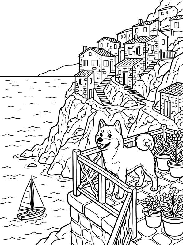 Line art of a Shiba Inu standing on a stone balcony with potted flowers, overlooking a seaside village on a cliff.