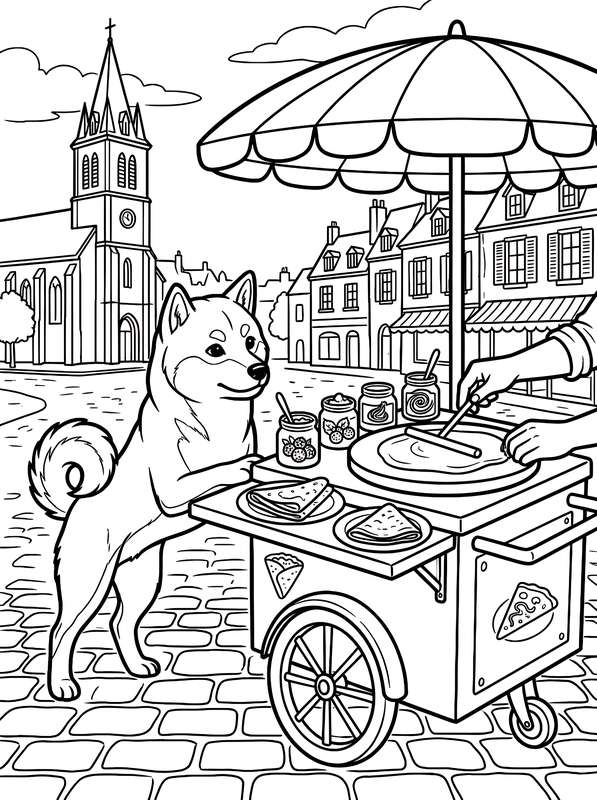 Line art of a Shiba Inu dog looking at a street food cart with a large umbrella, with a church and town buildings behind.