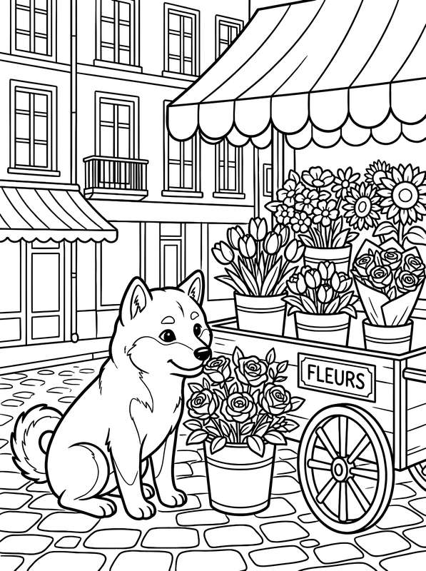 Line art of a Shiba Inu sitting on a cobblestone street next to a wooden flower cart labeled 'FLEURS' full of potted plants.