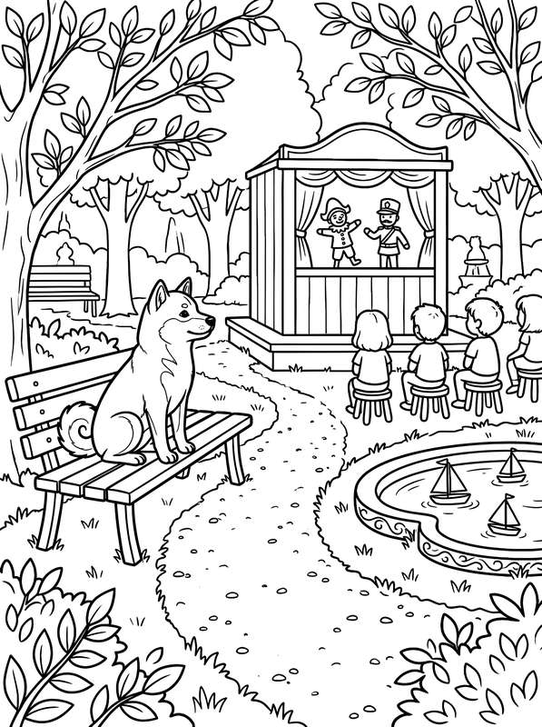 Line art of a Shiba Inu sitting on a bench watching a puppet show next to a pond filled with small toy sailboats.