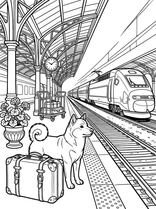 Line art of a Shiba Inu standing on a suitcase at a train station platform, with a high-speed train and clock visible.