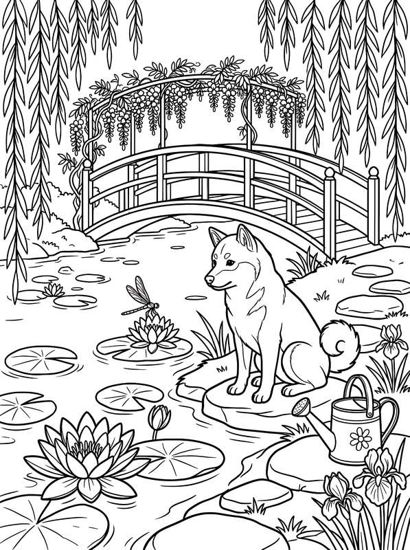 Line art of a Shiba Inu sitting on a rock by a pond with a small arched bridge, water lilies, and a watering can.