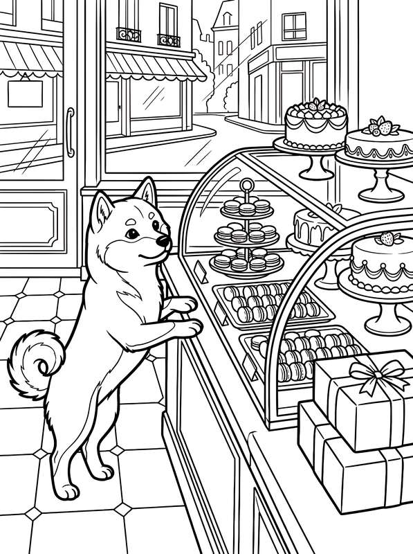 Line art of a Shiba Inu standing at a glass display case inside a bakery filled with tiered cakes, macaron towers, and gifts.