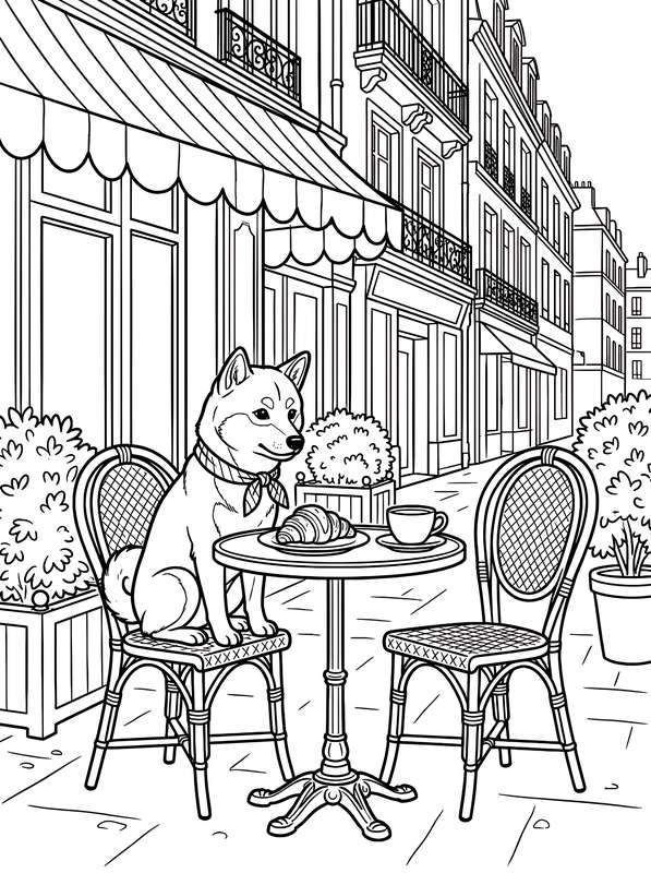 Line art showing a Shiba Inu wearing a bandana sitting on a bistro chair at a cafe table with a pastry and a drink.