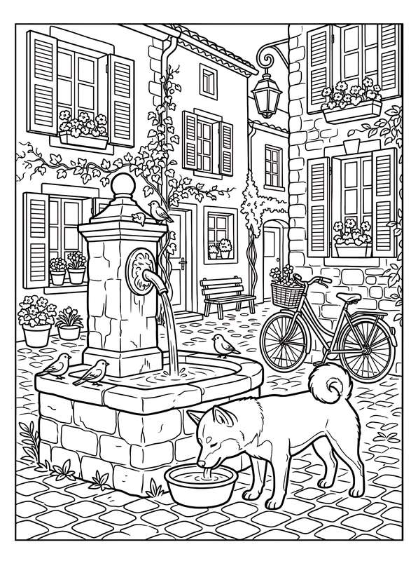 Line art of a Shiba Inu drinking from a bowl by a stone village fountain, with a bicycle, flowers, and buildings nearby.