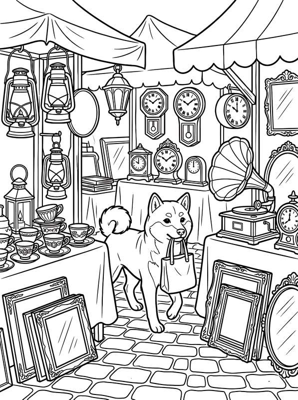 Line art of a Shiba Inu holding a shopping bag in its mouth, surrounded by tables full of antique clocks, lanterns, and mirrors.
